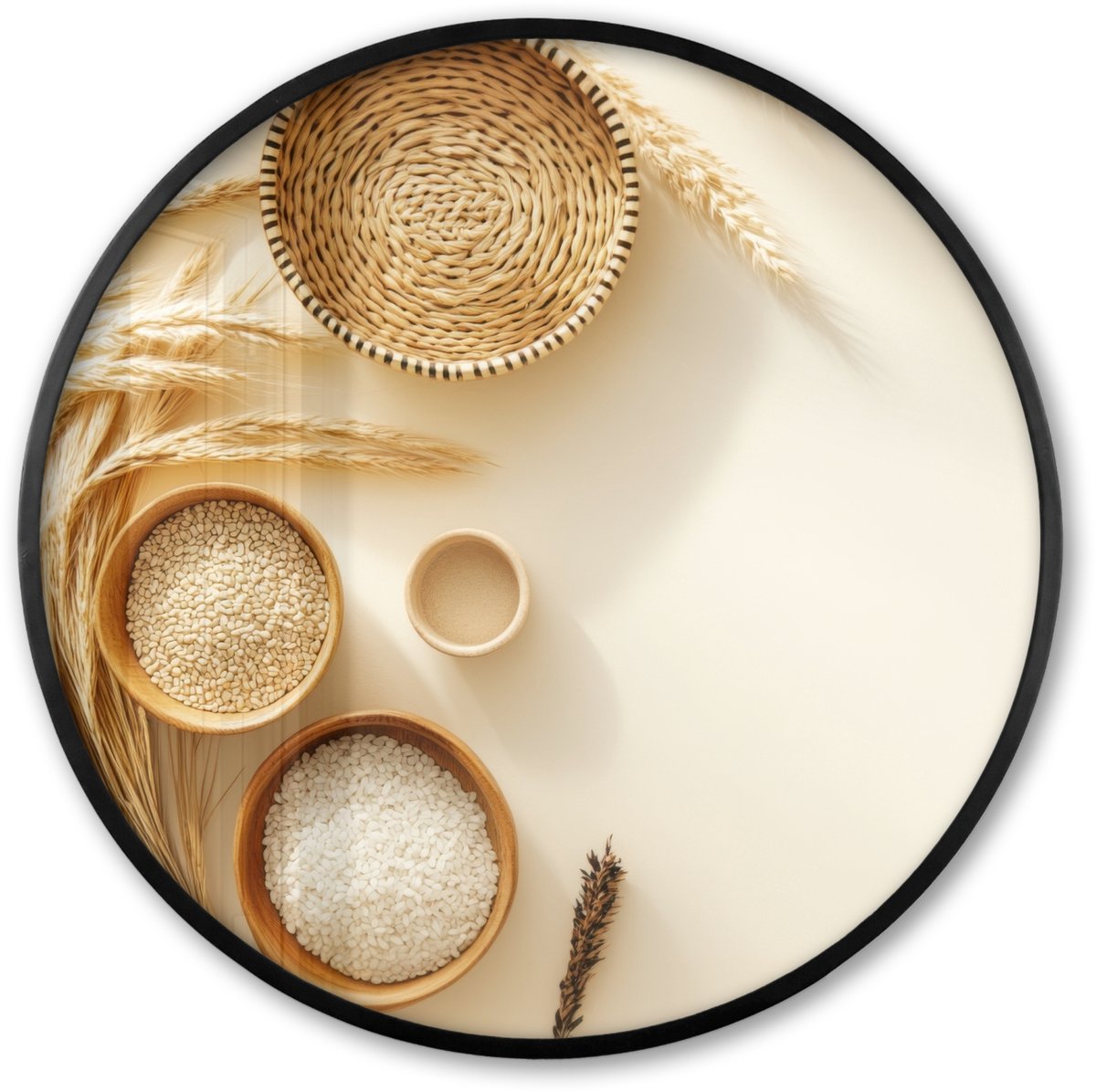 FrameYourWall Poster in lijst Rond - Fotolijst 80x80 cm - Posters - Granen - Hout - Kom - Beige - Ronde posterlijst zwart - Decoratie - Wanddecoratie woonkamer - Muurdecoratie slaapkamer