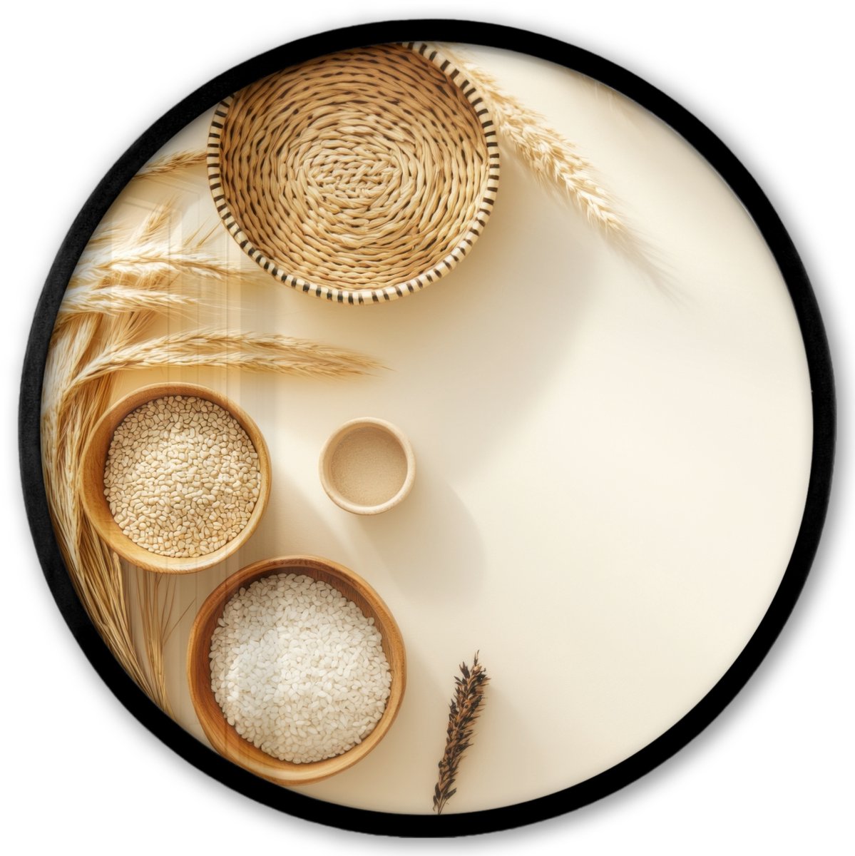 FrameYourWall Poster in lijst Rond - Fotolijst 40x40 cm - Posters - Granen - Hout - Kom - Beige - Ronde posterlijst zwart - Decoratie - Wanddecoratie woonkamer - Muurdecoratie slaapkamer
