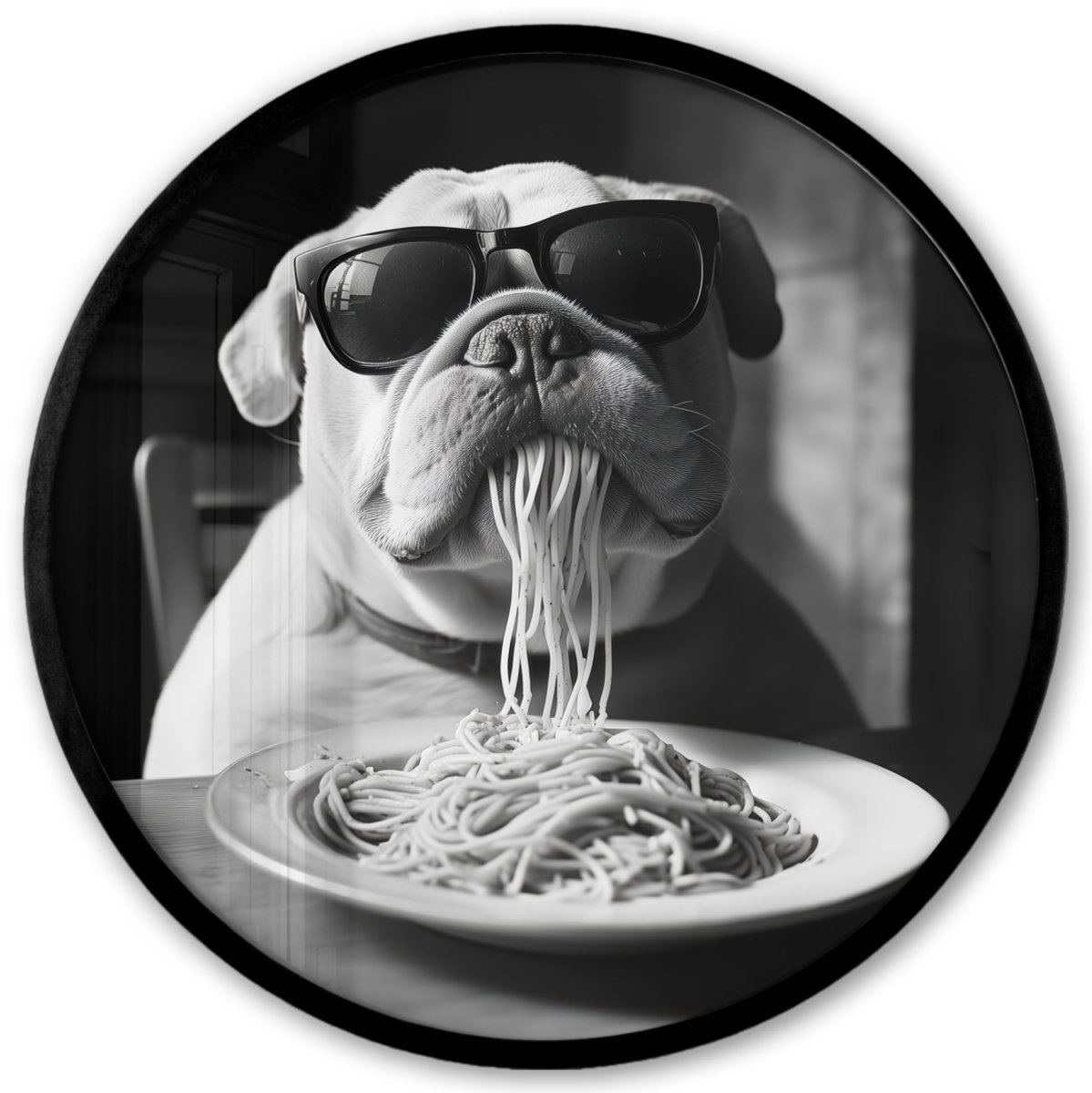 FrameYourWall Poster in lijst Rond - Fotolijst 40x40 cm - Posters - Hond - Bulldog - Pasta - Bril - Stoer - Dieren - Ronde posterlijst zwart - Decoratie - Wanddecoratie woonkamer - Muurdecoratie slaapkamer