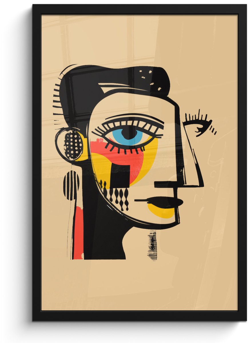 FrameYourWall Poster in lijst - Fotolijst 40x60 cm - Posters - Geometrisch - Felle kleuren - Kubistische stijl - Posterlijst zwart - Decoratie - Wanddecoratie woonkamer - Muurdecoratie slaapkamer Gezicht - Kunst