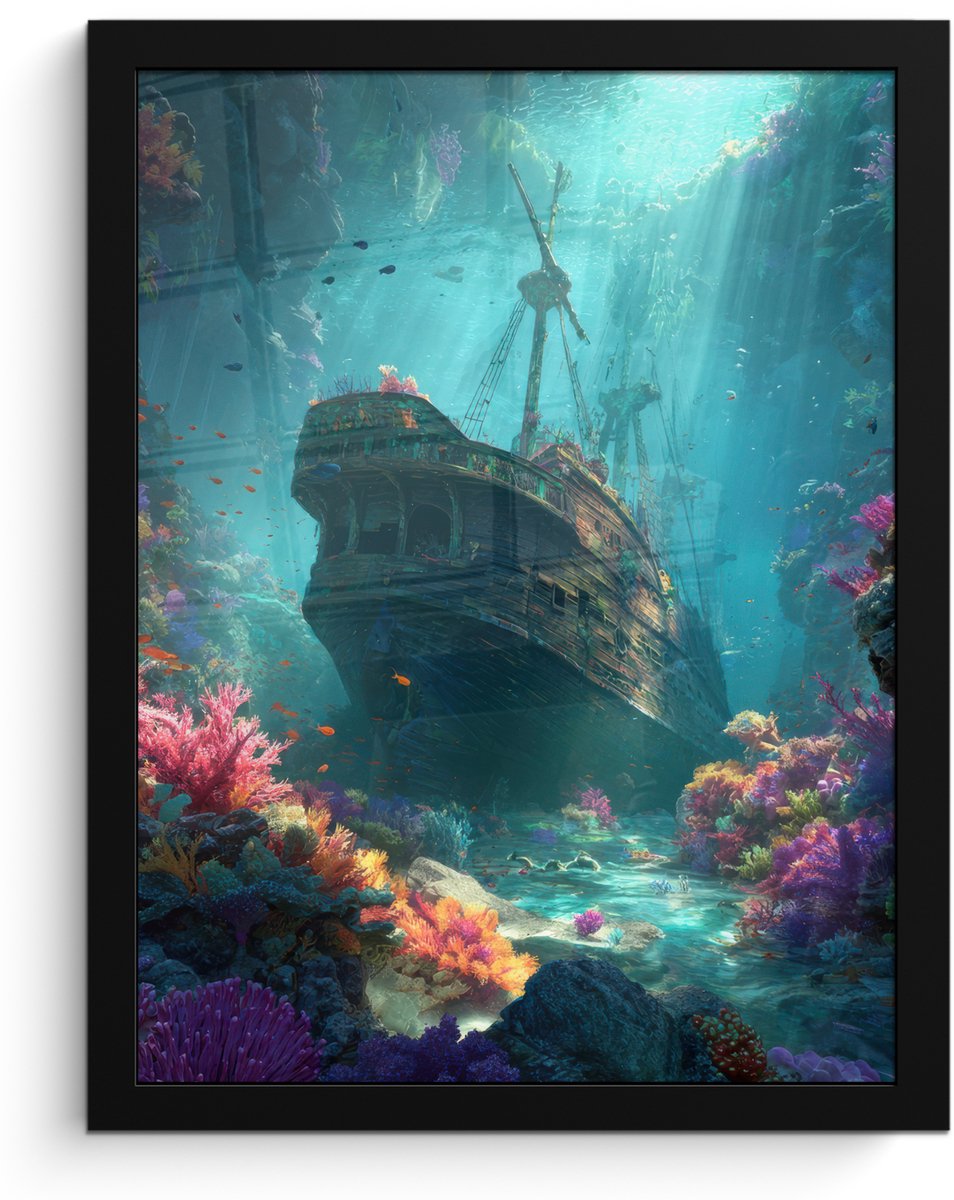 FrameYourWall Poster in lijst - Fotolijst 30x40 cm - Posters - Schip - Hout - Koraalriffen - Zonlicht - Posterlijst zwart - Decoratie - Wanddecoratie woonkamer - Muurdecoratie slaapkamer