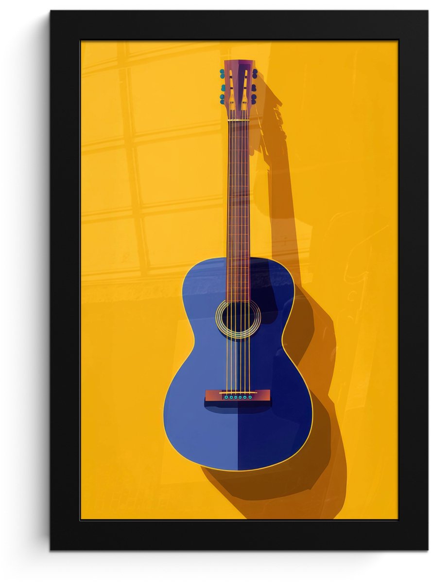 FrameYourWall Poster in lijst - Fotolijst 20x30 cm - Posters - Gitaar - Akoestisch - Minimalistisch - Geel - Posterlijst zwart - Decoratie - Wanddecoratie woonkamer - Muurdecoratie slaapkamer - Kerstversiering - Kerstdecoratie voor binnen - Kerstmis