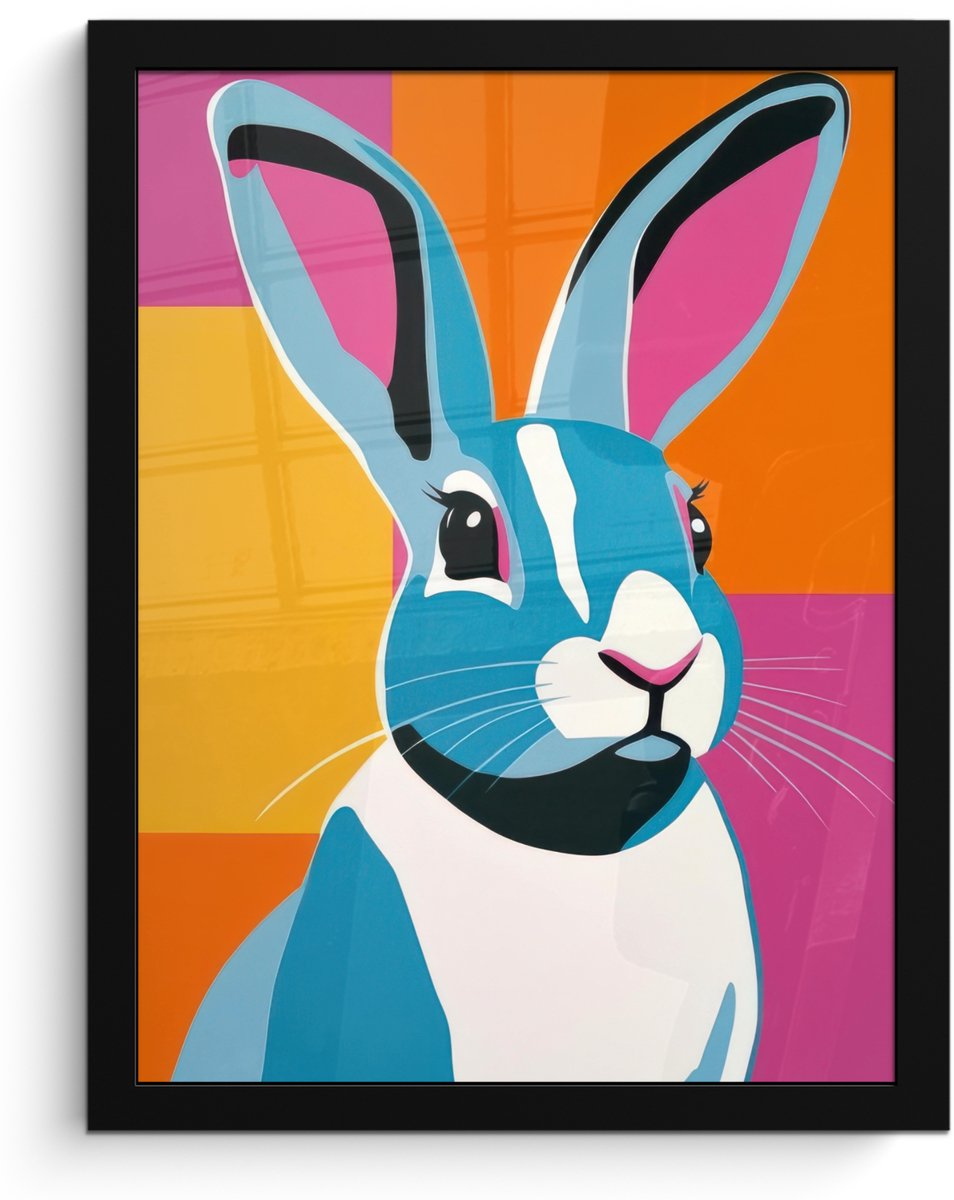 FrameYourWall Poster in lijst - Fotolijst 30x40 cm - Posters - Haas - Kleurvakken - Oren - Roze - Posterlijst zwart - Decoratie - Wanddecoratie woonkamer - Muurdecoratie slaapkamer