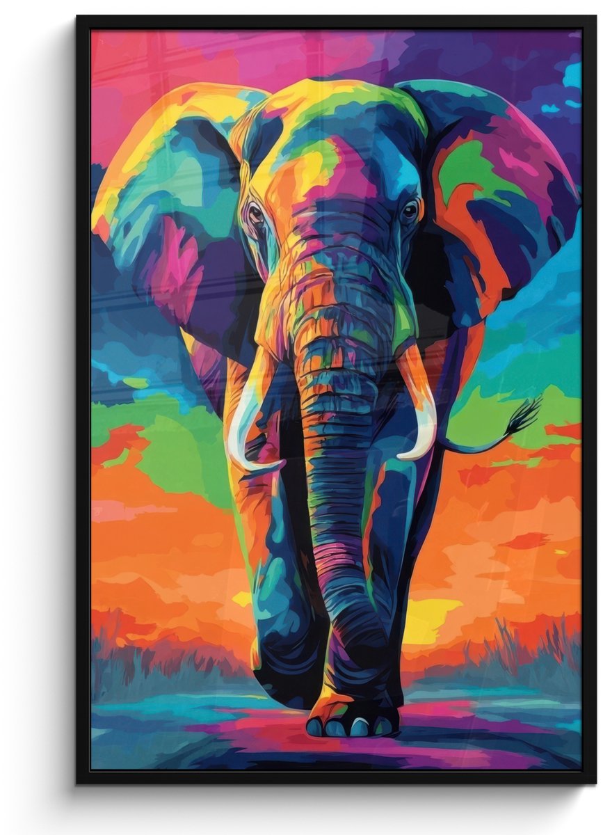 FrameYourWall Poster in lijst - Fotolijst 80x120 cm - Posters - Olifant - Kleurrijk - Lucht - Abstract - Posterlijst zwart - Decoratie - Wanddecoratie woonkamer - Muurdecoratie slaapkamer