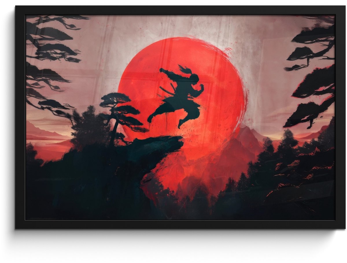 FrameYourWall Poster in lijst - Fotolijst 60x40 cm - Posters - Zon - Krijger - Bomen - Bergen - Posterlijst zwart - Decoratie - Wanddecoratie woonkamer - Muurdecoratie slaapkamer Zon - Krijger - Landschap