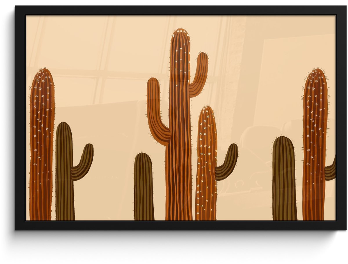 FrameYourWall Poster in lijst - Fotolijst 60x40 cm - Posters - Cactus - Woestijn - Zand - Bruin - Posterlijst zwart - Decoratie - Wanddecoratie woonkamer - Muurdecoratie slaapkamer