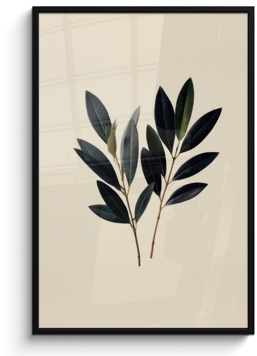 FrameYourWall Poster in lijst - Fotolijst 80x120 cm - Posters - Ovaalvormige bladeren - Diep groen - Symmetrisch - Posterlijst zwart - Decoratie - Wanddecoratie woonkamer - Muurdecoratie slaapkamer