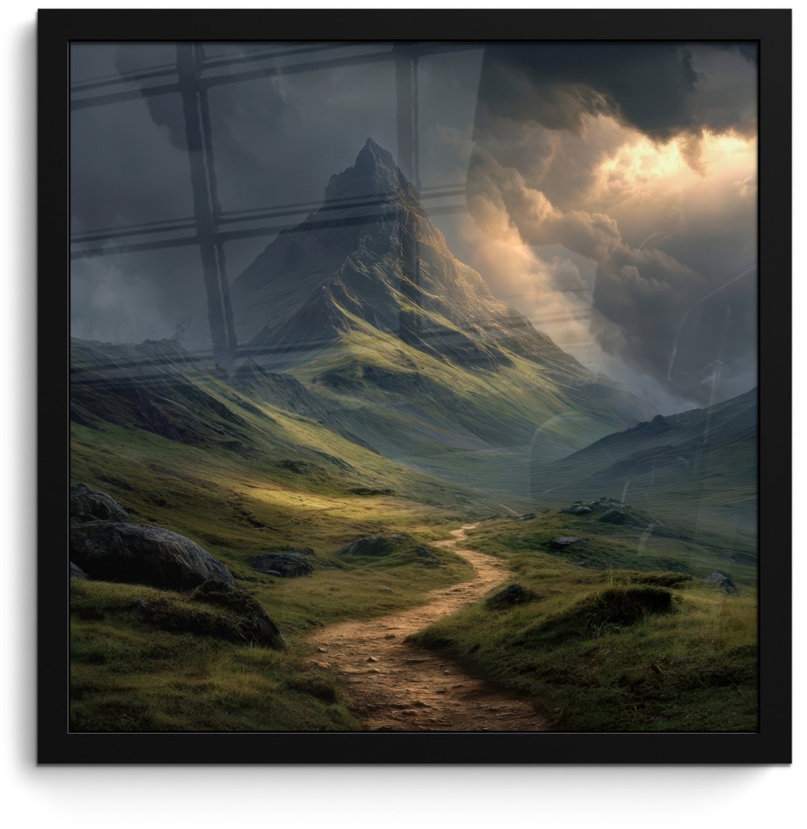FrameYourWall Poster in lijst - Fotolijst 40x40 cm - Posters - Bergen - Kronkelpad - Groen - Wolken - Posterlijst zwart - Decoratie - Wanddecoratie woonkamer - Muurdecoratie slaapkamer Bergen - Pad - Wolken
