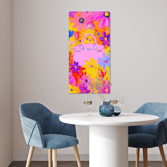 Poster 40x80 cm - Tas - Roze - Bloemen - Posters - Kamer decoratie - Wanddecoratie woonkamer - Muurdecoratie slaapkamer