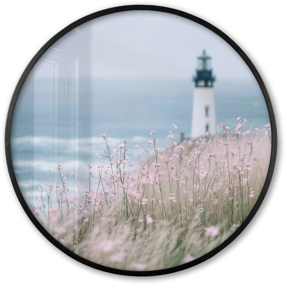 FrameYourWall Poster in lijst Rond - Fotolijst 80x80 cm - Posters - Vuurtoren - Klif - Zee - Bloemen - Ronde posterlijst zwart - Decoratie - Wanddecoratie woonkamer - Muurdecoratie slaapkamer Vuurtoren - Zee - Bloemen
