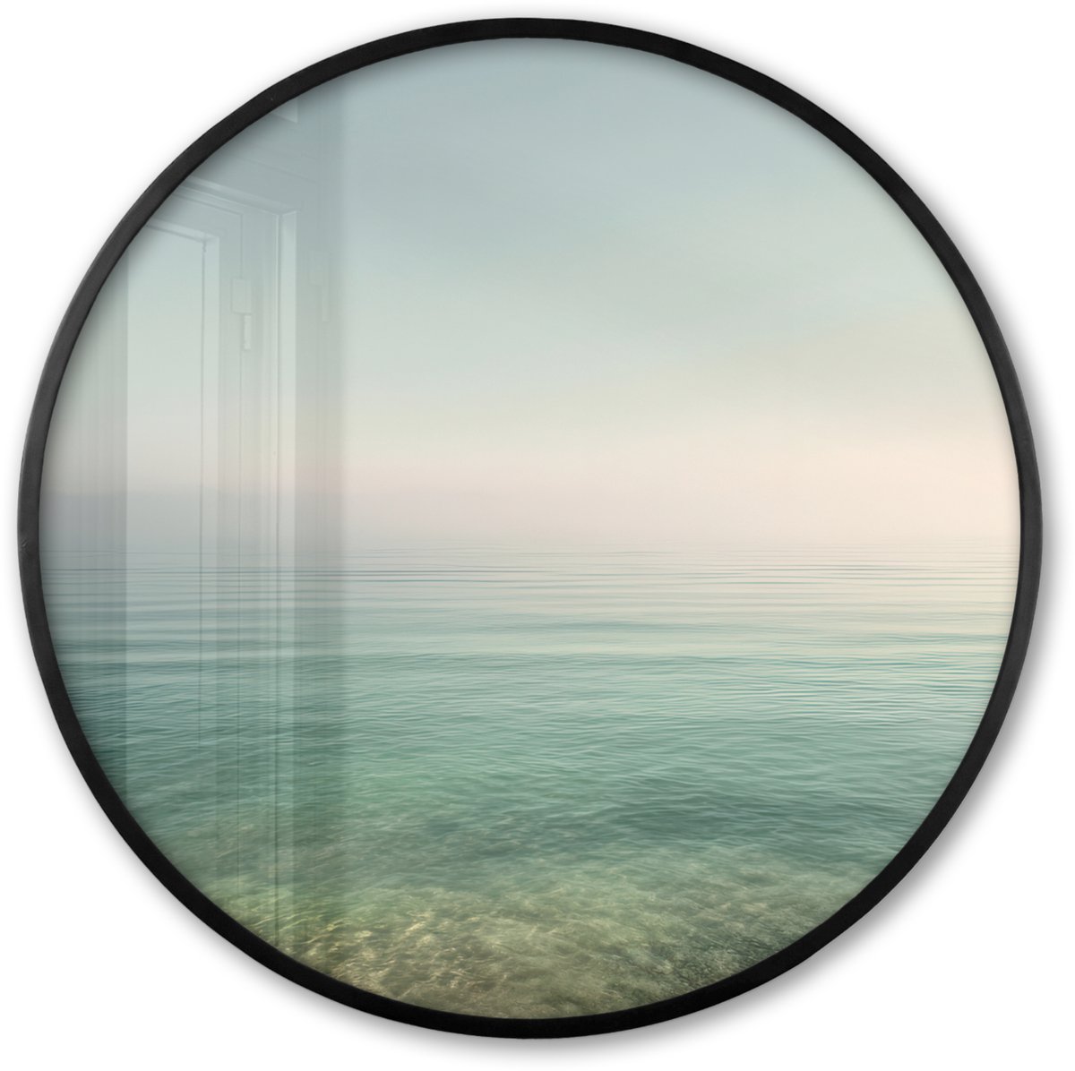 FrameYourWall Poster in lijst Rond - Fotolijst 60x60 cm - Posters - Zee - Horizon - Blauw - Mist - Ronde posterlijst zwart - Decoratie - Wanddecoratie woonkamer - Muurdecoratie slaapkamer Zee - Horizon - Mist