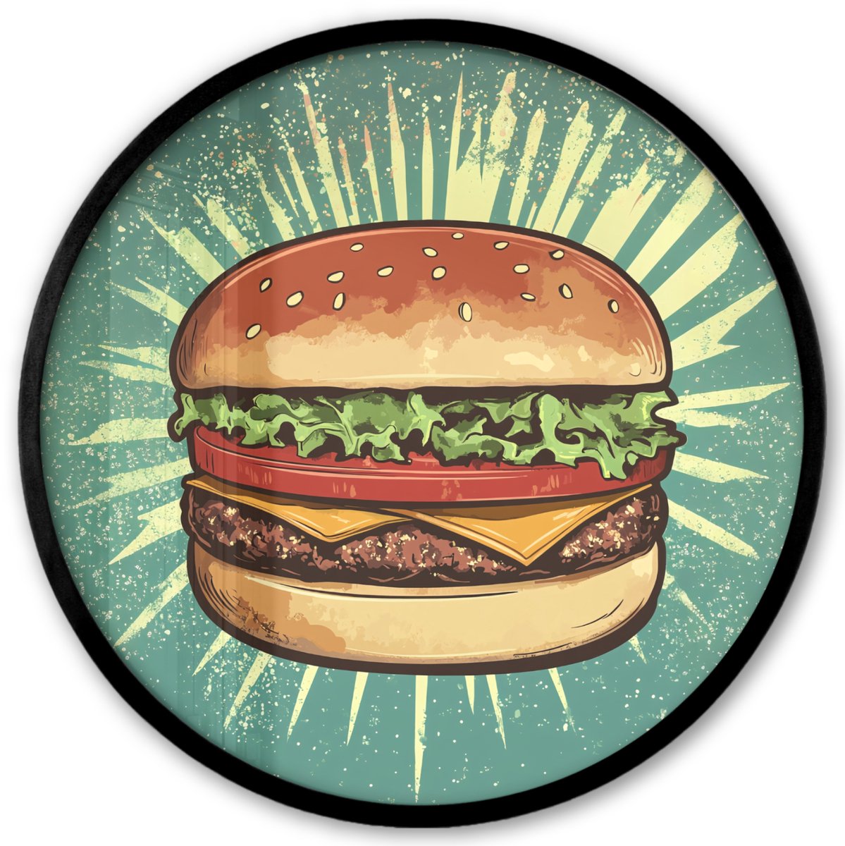 FrameYourWall Poster in lijst Rond - Fotolijst 40x40 cm - Posters - Hamburger - Illustratie - Sla - Kaas - Ronde posterlijst zwart - Decoratie - Wanddecoratie woonkamer - Muurdecoratie slaapkamer Hamburger - Sla - Kaas