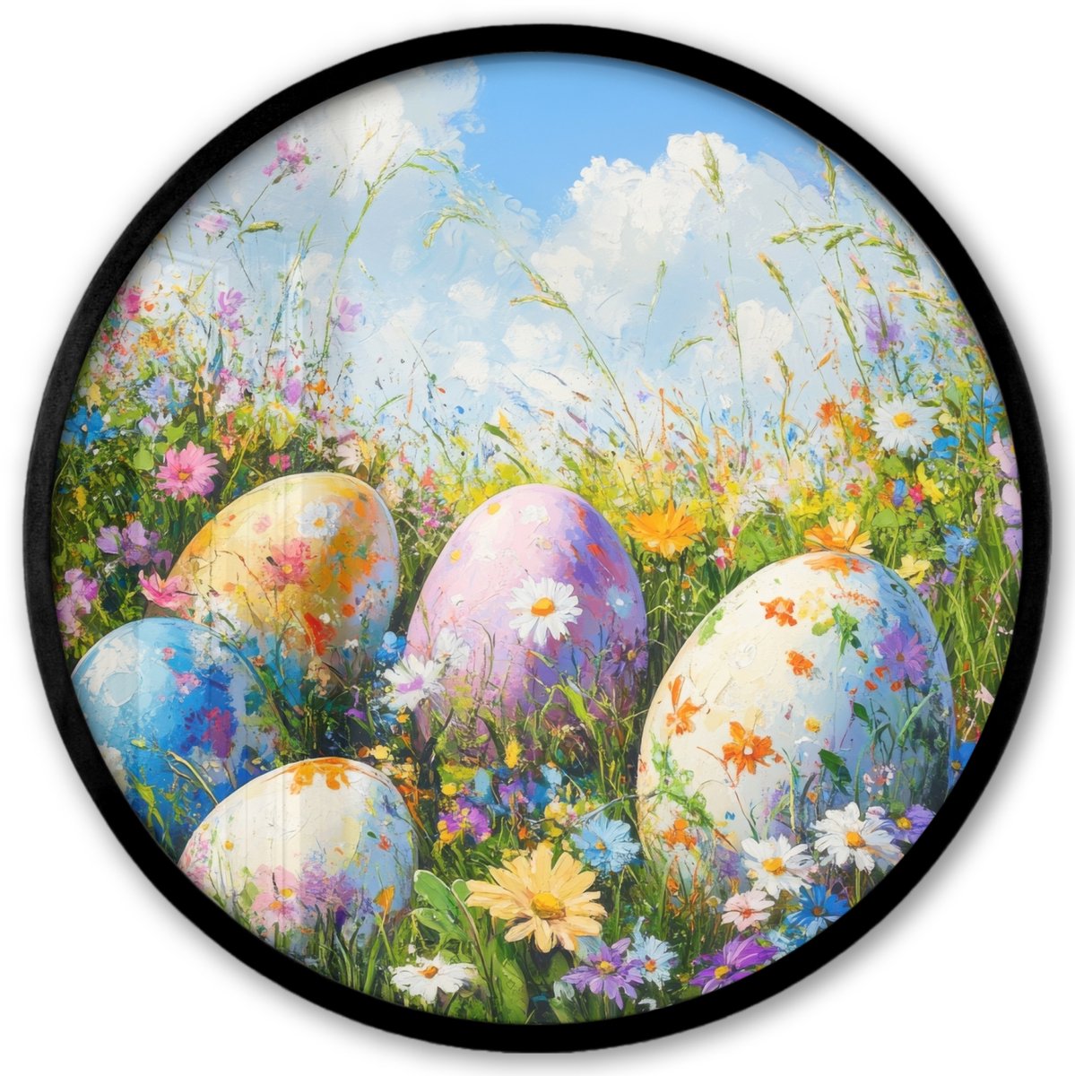 FrameYourWall Poster in lijst Rond - Fotolijst 40x40 cm - Posters - Grasveld - Eieren - Bloemen - Ronde posterlijst zwart - Decoratie - Wanddecoratie woonkamer - Muurdecoratie slaapkamer Bloemen - Eieren