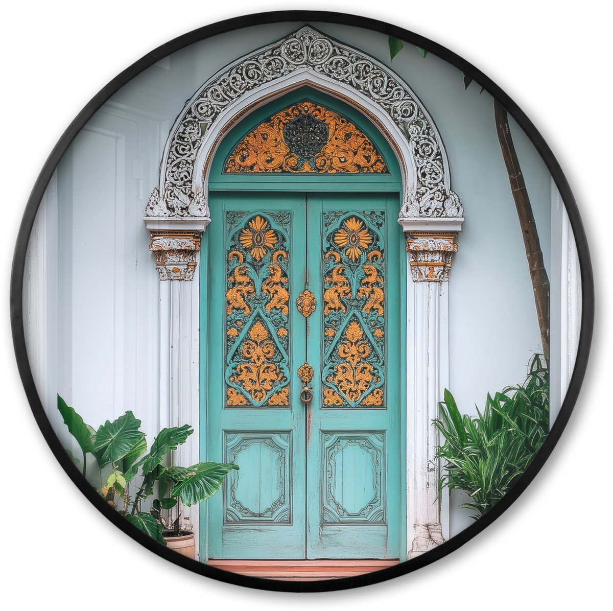 FrameYourWall Poster in lijst Rond - Fotolijst 60x60 cm - Posters - Deur - Patronen - Planten - Ronde posterlijst zwart - Decoratie - Wanddecoratie woonkamer - Muurdecoratie slaapkamer Deur - Tropisch
