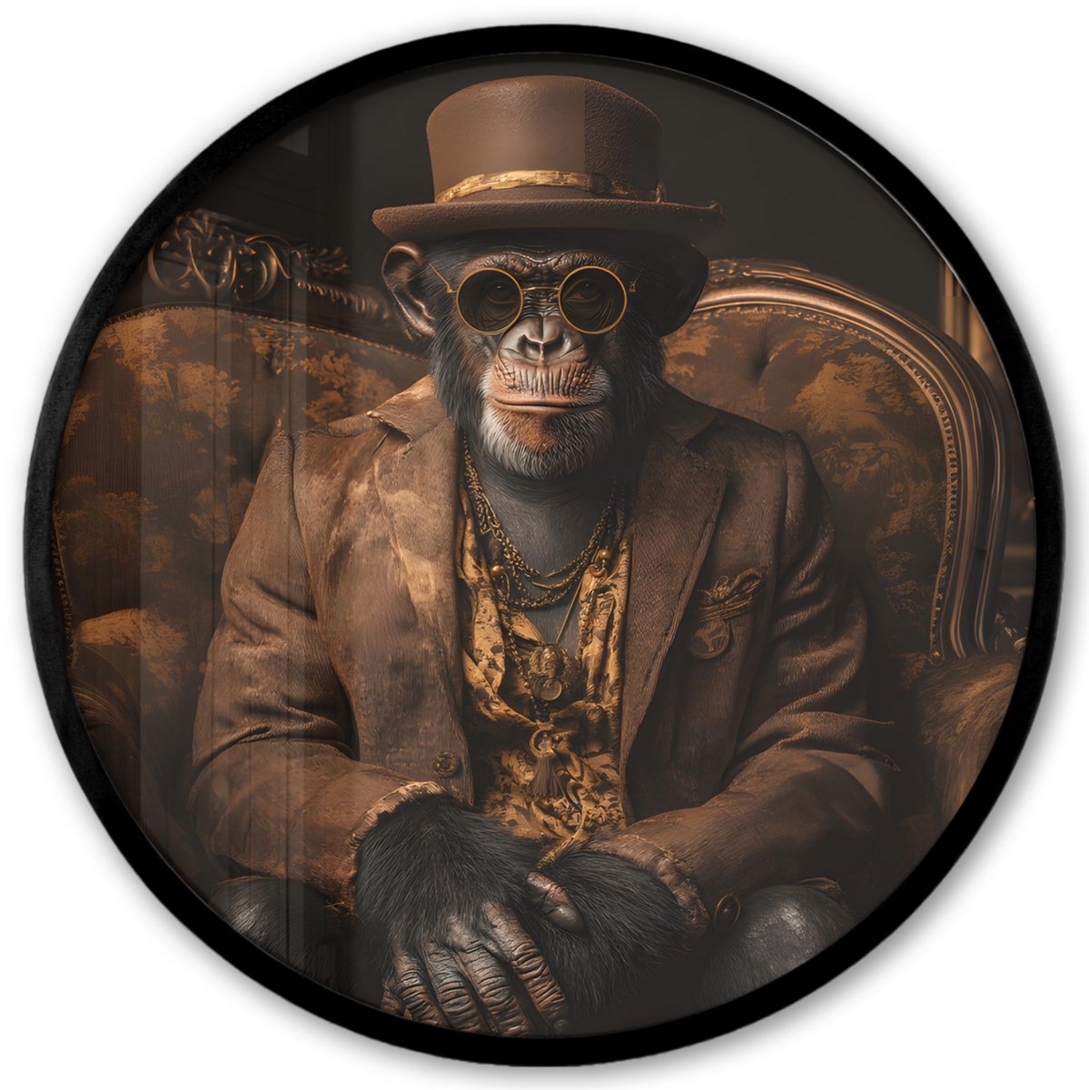 FrameYourWall Poster in lijst Rond - Fotolijst 40x40 cm - Posters - Chimpansee - Stoel - Pak - Bruin - Ronde posterlijst zwart - Decoratie - Wanddecoratie woonkamer - Muurdecoratie slaapkamer Chimpansee - Hoed