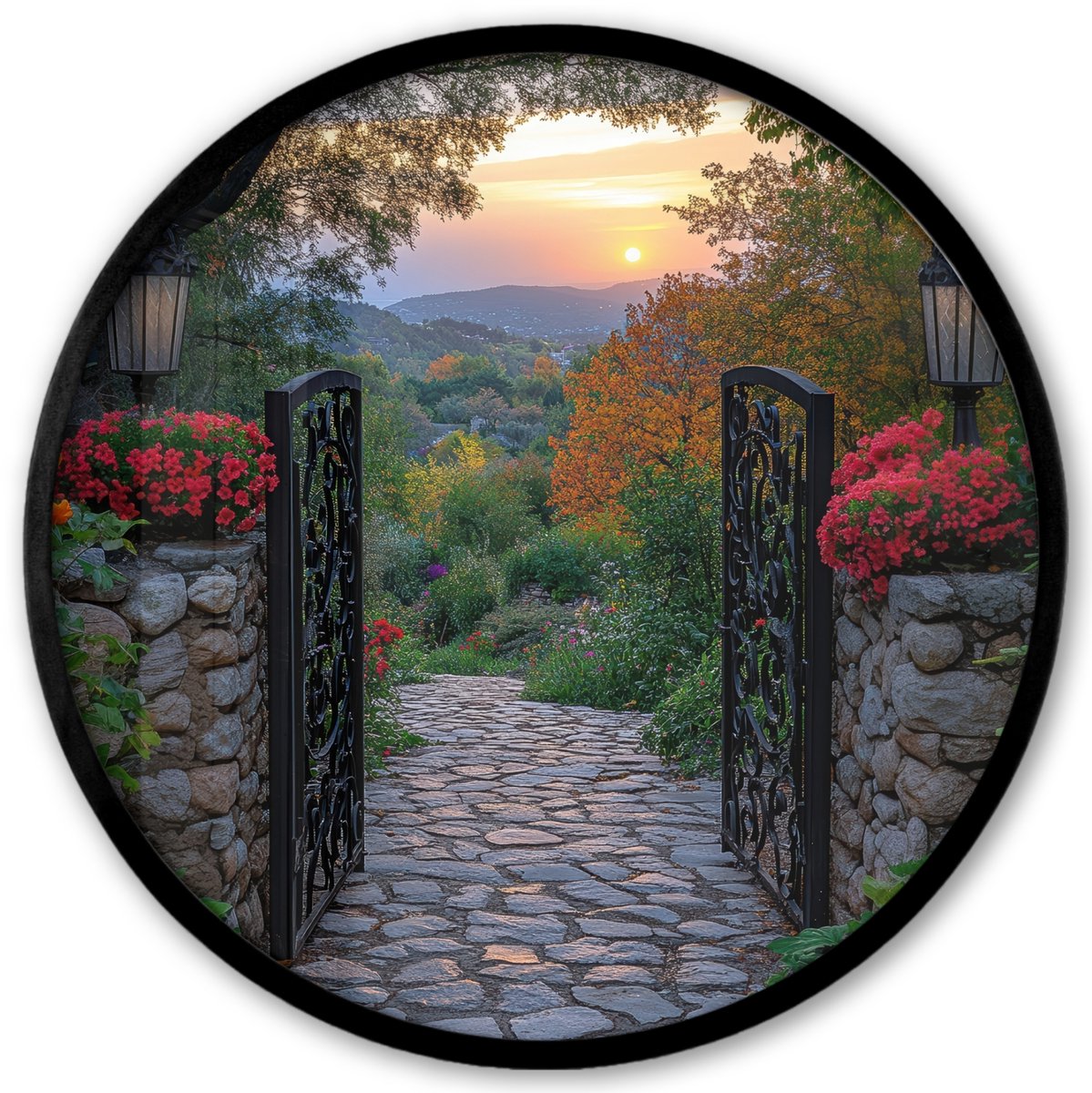 FrameYourWall Poster in lijst Rond - Fotolijst 40x40 cm - Posters - Landschap - Hek - Pad - Zonsondergang - Natuur - Ronde posterlijst zwart - Decoratie - Wanddecoratie woonkamer - Muurdecoratie slaapkamer Hek - Uitzicht