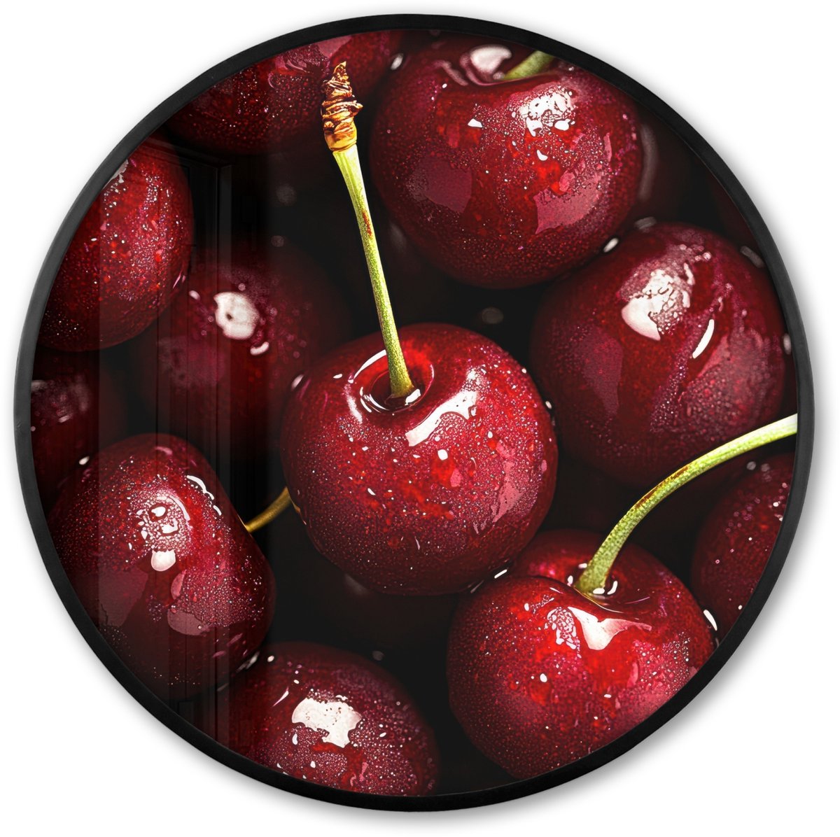 FrameYourWall Poster in lijst Rond - Fotolijst 60x60 cm - Posters - Rood - Fruit - Kersen - Ronde posterlijst zwart - Decoratie - Wanddecoratie woonkamer - Muurdecoratie slaapkamer