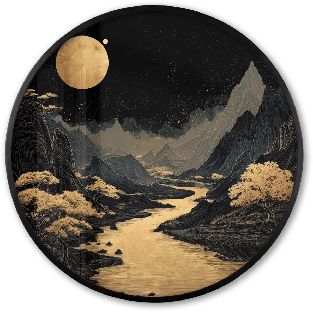 FrameYourWall Poster in lijst Rond - Fotolijst 60x60 cm - Posters - Gouden rivier - Bergen - Maan - Sterrenhemel - Ronde posterlijst zwart - Decoratie - Wanddecoratie woonkamer - Muurdecoratie slaapkamer