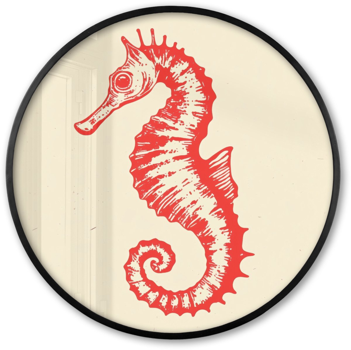 FrameYourWall Poster in lijst Rond - Fotolijst 60x60 cm - Posters - Zeepaardje - Rood - Fijne details - Ronde posterlijst zwart - Decoratie - Wanddecoratie woonkamer - Muurdecoratie slaapkamer