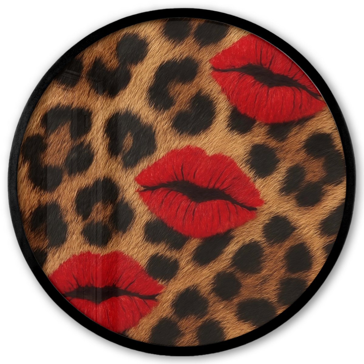 FrameYourWall Poster in lijst Rond - Fotolijst 40x40 cm - Posters - Lippen - Drie - Rood - Panterprint - Ronde posterlijst zwart - Decoratie - Wanddecoratie woonkamer - Muurdecoratie slaapkamer Lippen - Panterprint