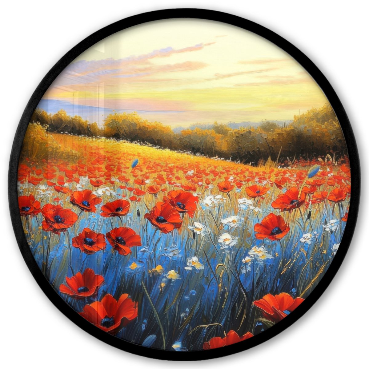 FrameYourWall Poster in lijst Rond - Fotolijst 40x40 cm - Posters - Klaproos - Bloemenveld - Kleurrijk - Ronde posterlijst zwart - Decoratie - Wanddecoratie woonkamer - Muurdecoratie slaapkamer Klaprozen - Bloemenveld