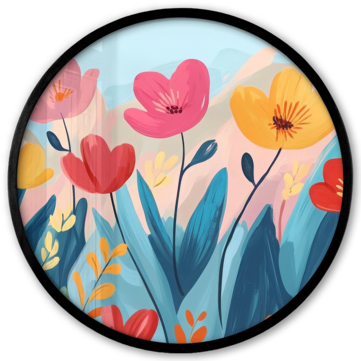 FrameYourWall Poster in lijst Rond - Fotolijst 40x40 cm - Posters - Illustratie - Bloemen - Kleurrijk - Ronde posterlijst zwart - Decoratie - Wanddecoratie woonkamer - Muurdecoratie slaapkamer