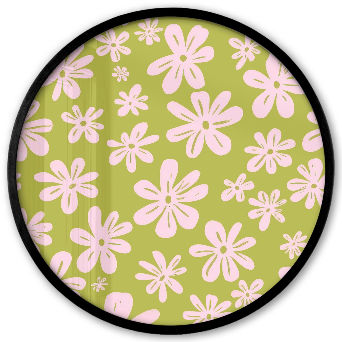 FrameYourWall Poster in lijst Rond - Fotolijst 40x40 cm - Posters - Bloemen - Roze - Getekend - Patroon - Ronde posterlijst zwart - Decoratie - Wanddecoratie woonkamer - Muurdecoratie slaapkamer Bloemen - Patroon