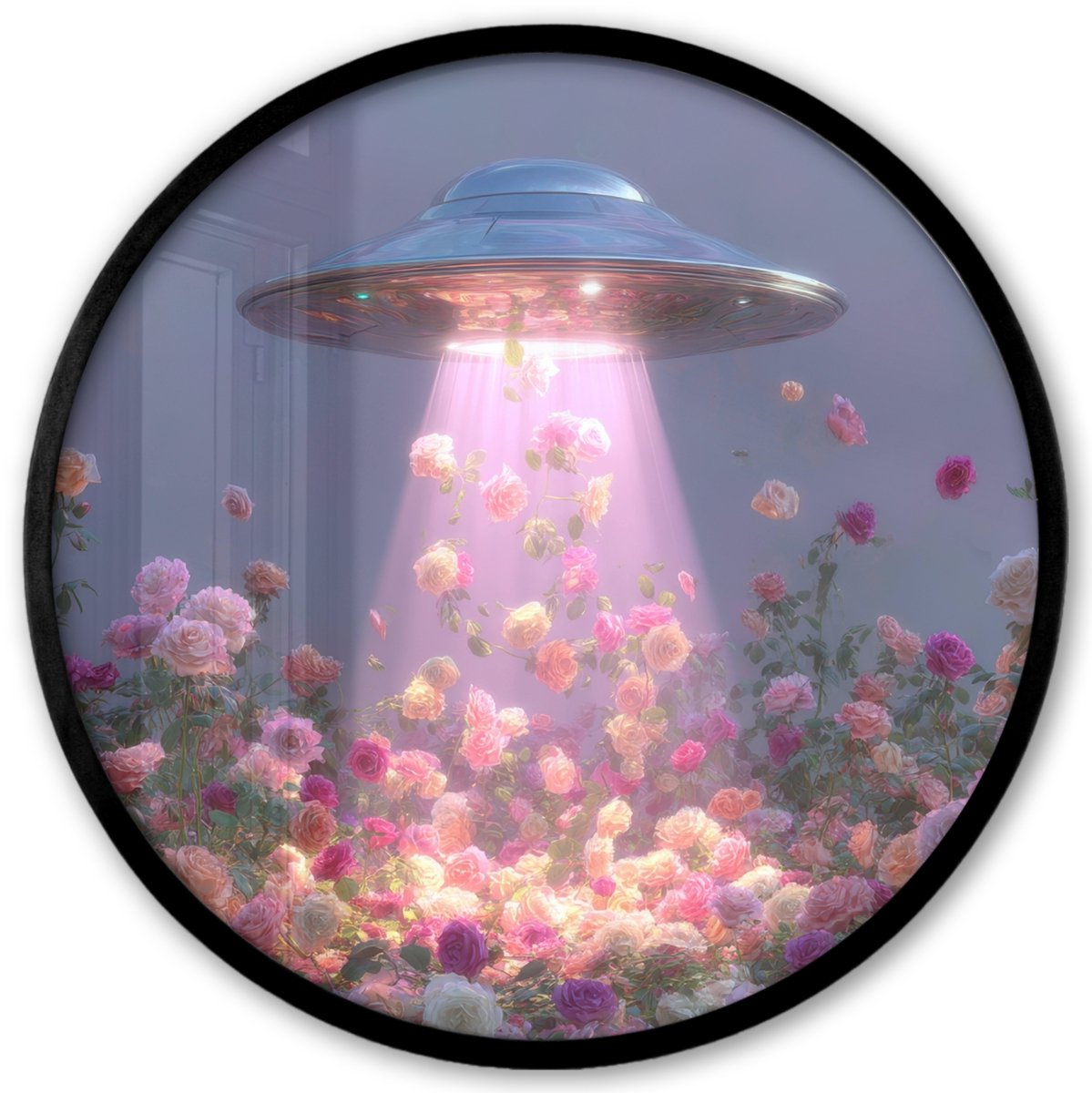 FrameYourWall Poster in lijst Rond - Fotolijst 40x40 cm - Posters - Ufo - Rozen - Pastelkleuren - Ronde posterlijst zwart - Decoratie - Wanddecoratie woonkamer - Muurdecoratie slaapkamer