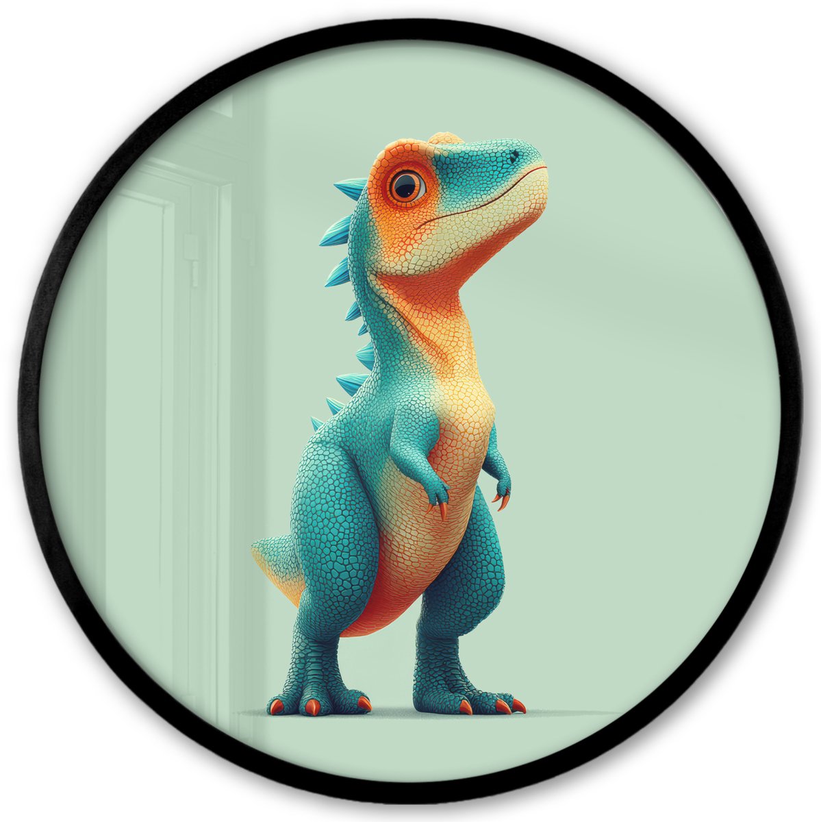 FrameYourWall Poster in lijst Rond - Fotolijst 40x40 cm - Posters - Cartoon - Dino - Oranje - Stekels - Ronde posterlijst zwart - Decoratie - Wanddecoratie woonkamer - Muurdecoratie slaapkamer