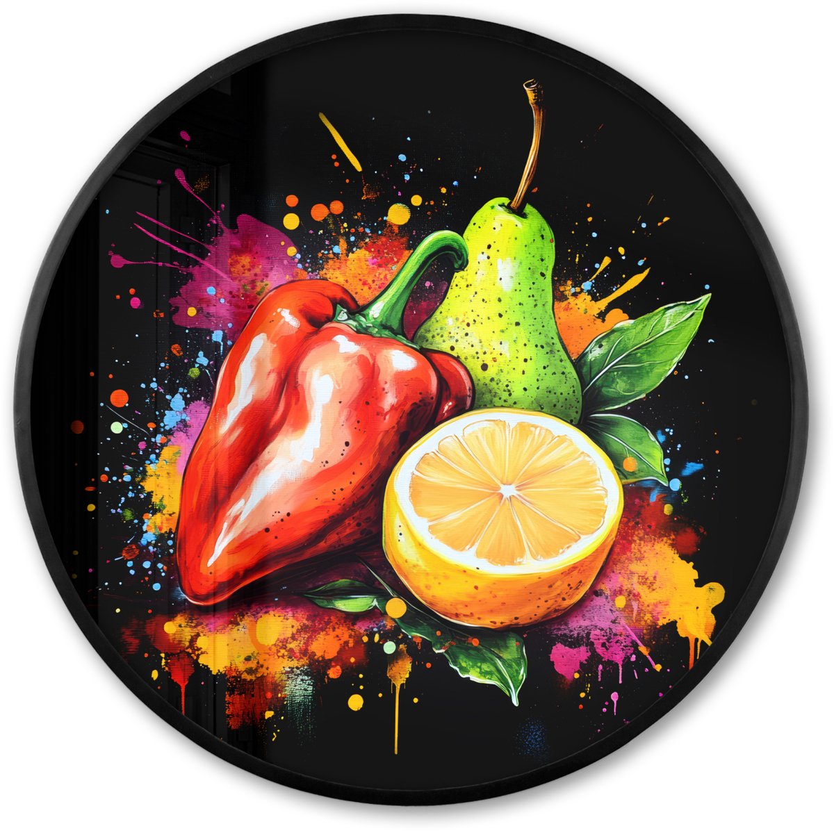 FrameYourWall Poster in lijst Rond - Fotolijst 80x80 cm - Posters - Paprika - Peer - Citroen - Graffiti - Verf - Abstract - Ronde posterlijst zwart - Decoratie - Wanddecoratie woonkamer - Muurdecoratie slaapkamer Graffiti - Fruit - Stuks
