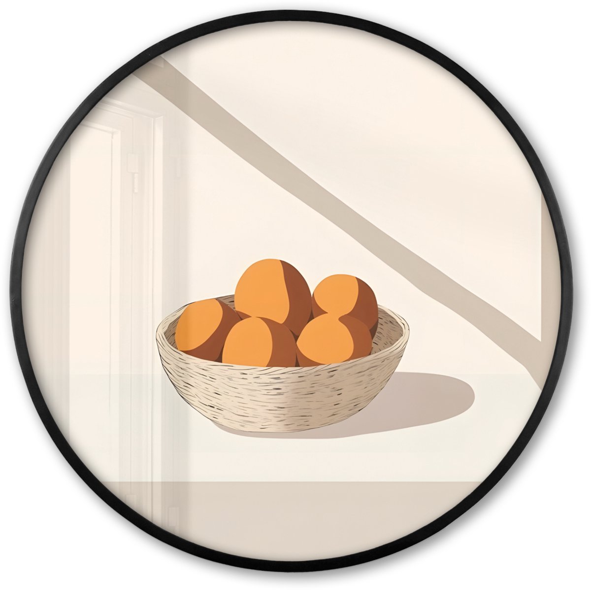 FrameYourWall Poster in lijst Rond - Fotolijst 80x80 cm - Posters - Mand - Fruit - Minimalistisch - Oranje - Ronde posterlijst zwart - Decoratie - Wanddecoratie woonkamer - Muurdecoratie slaapkamer Fruitschaal