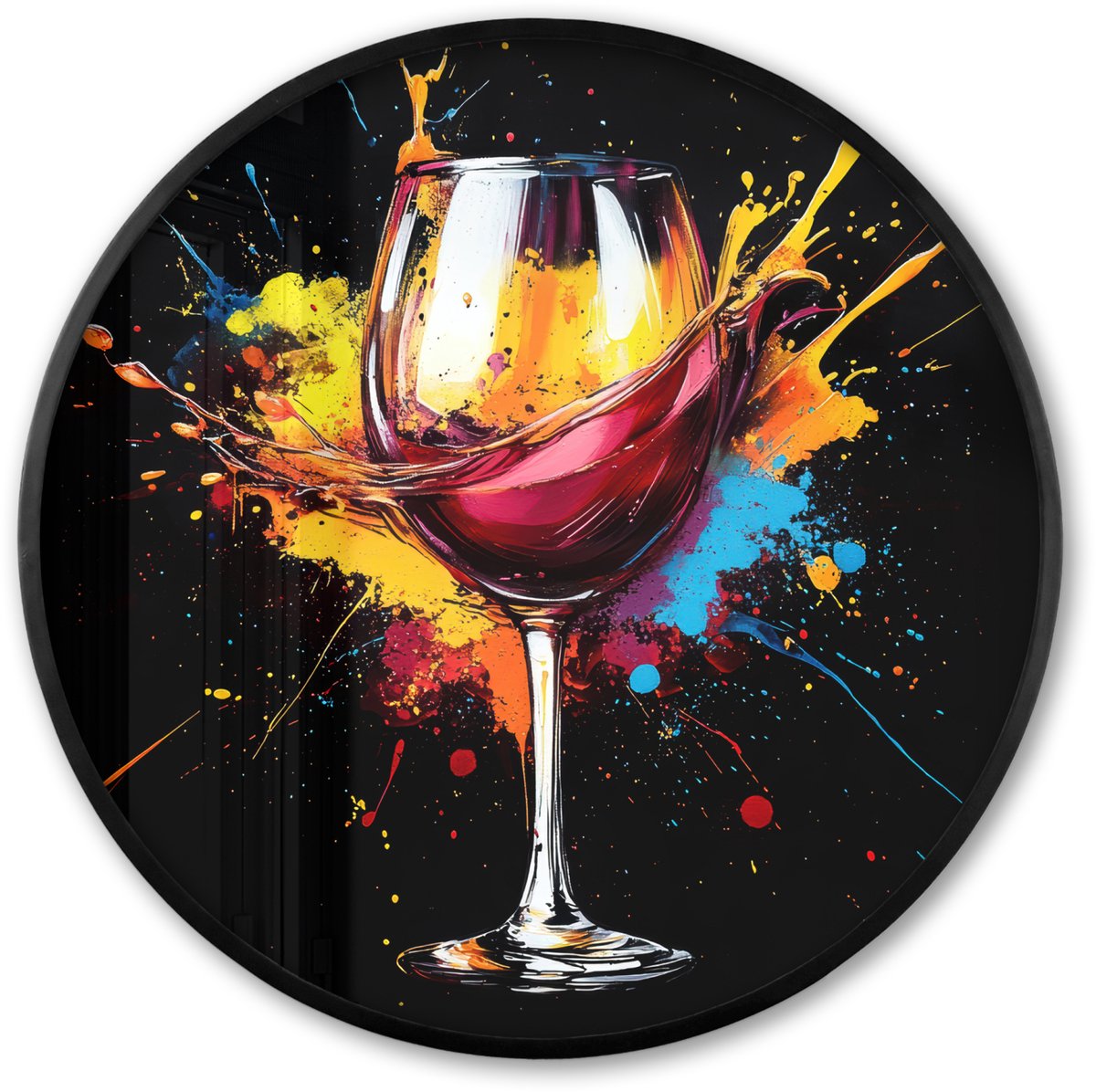 FrameYourWall Poster in lijst Rond - Fotolijst 80x80 cm - Posters - Wijn - Glas - Graffiti - Borrel - Rood - Verf - Ronde posterlijst zwart - Decoratie - Wanddecoratie woonkamer - Muurdecoratie slaapkamer Graffiti - Wijn