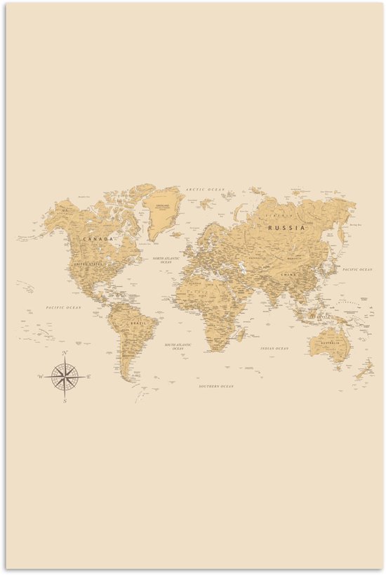 Carte du monde dans des tons beige avec des noms de pays et d'océans détaillés. Une rose des vents se trouve à gauche du centre.