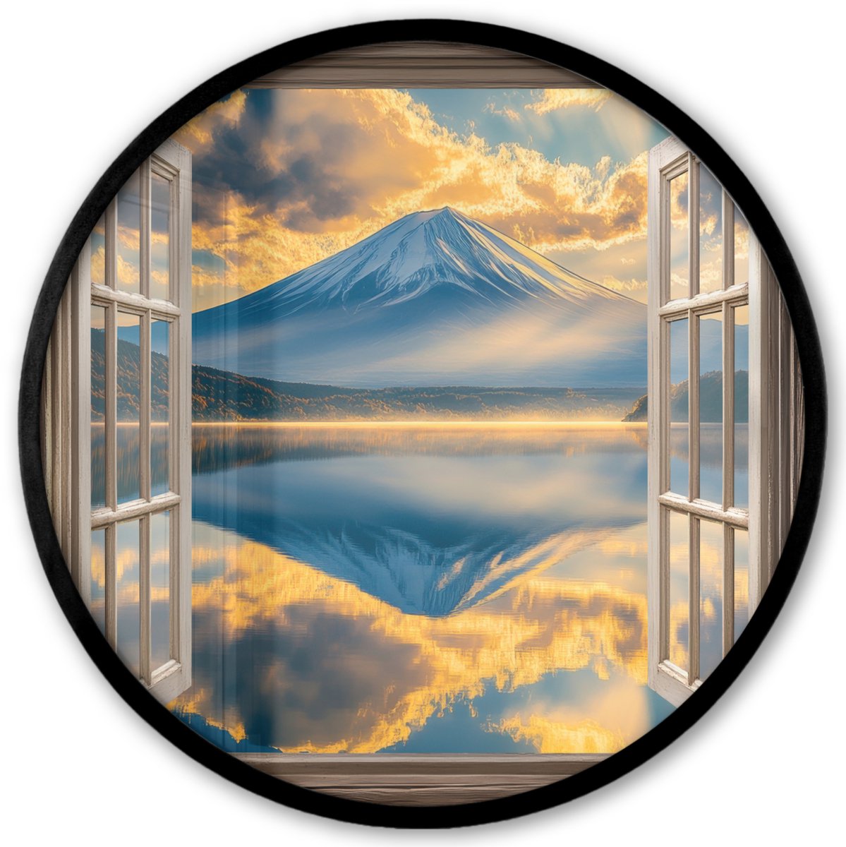 FrameYourWall Poster in lijst Rond - Fotolijst 40x40 cm - Posters - Doorkijk - Landschap - Bergen - Uitzicht - Raam - Ronde posterlijst zwart - Decoratie - Wanddecoratie woonkamer - Muurdecoratie slaapkamer