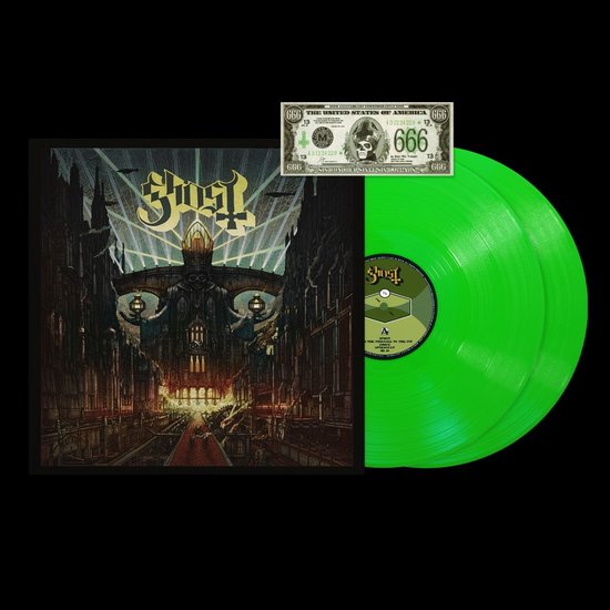 Albumhoes met het Ghost-logo, een skeletfiguur, een gebouw en twee felgroene vinylplaten.