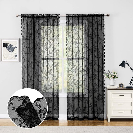 MYSKY HOME Gordijn van kant, bloemen, geborduurde kanten gordijnen, met plooiband, vintage gordijnen, set van 2, moderne decoratieve vitrage voor woonkamer, slaapkamer, lichtgeel, 145 x 140 cm (h x b