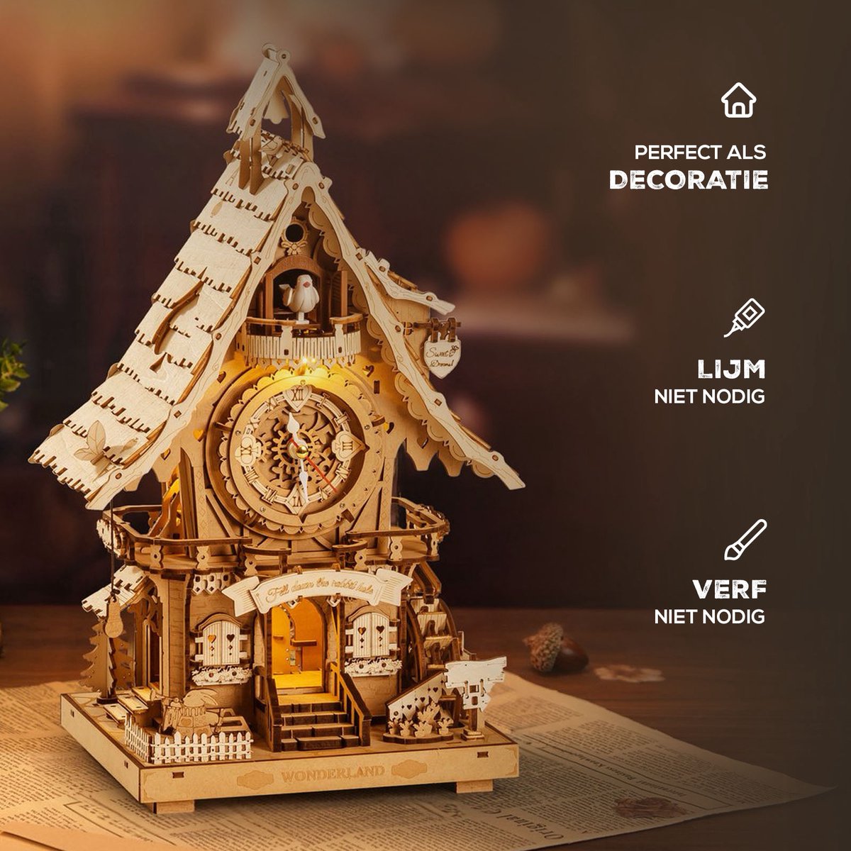 ROKR 3D Puzzel Koekoeksklok voor volwassenen, 3D houten puzzel, horloge modelbouwset, geschenken en decoratie voor volwassenen, Cuckoo Clock houtkleur, LC901