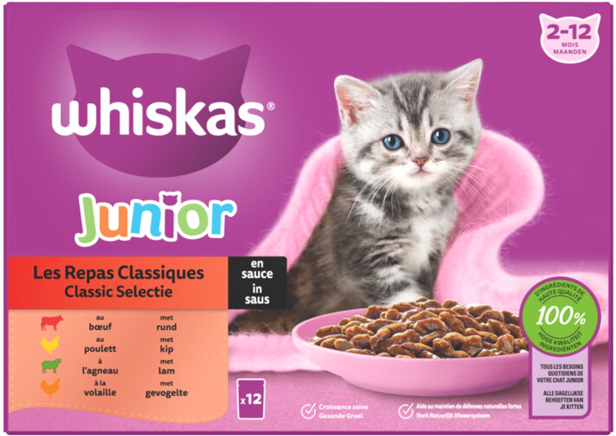 Whiskas Junior 1+ Classic Meals - Kattenvoer - Lam - Kip - 0,012 kg
