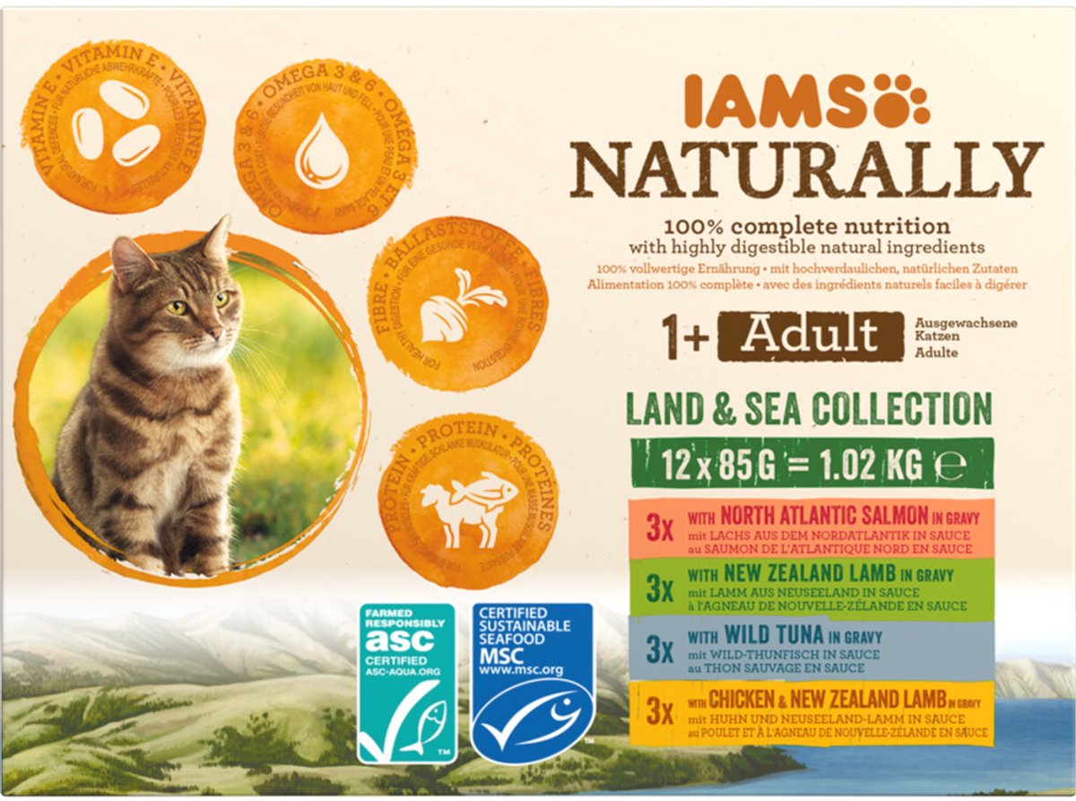 Iams Naturally Adult Land & Sea Collection in gravy natvoer kat (12x85gr) 12 x 85 g