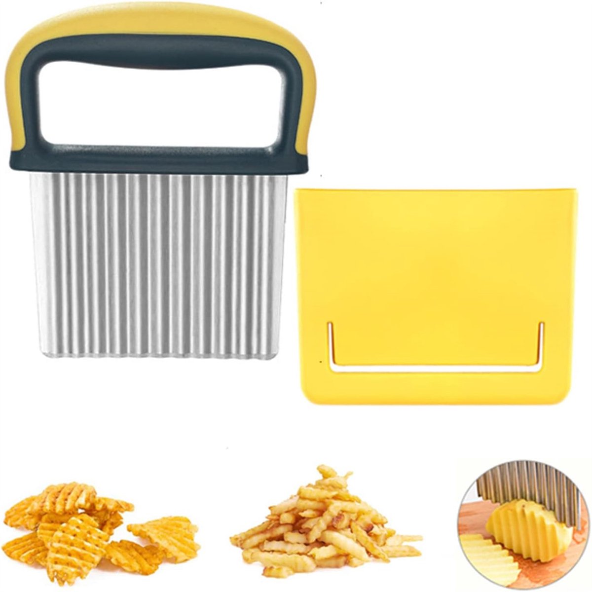Peysaitr - Golvend Snijmes - met beschermhoes - Aardappel snijder - Groente & fruit snijder - Creatief Snijden - RVS - Geel - 1 stuk