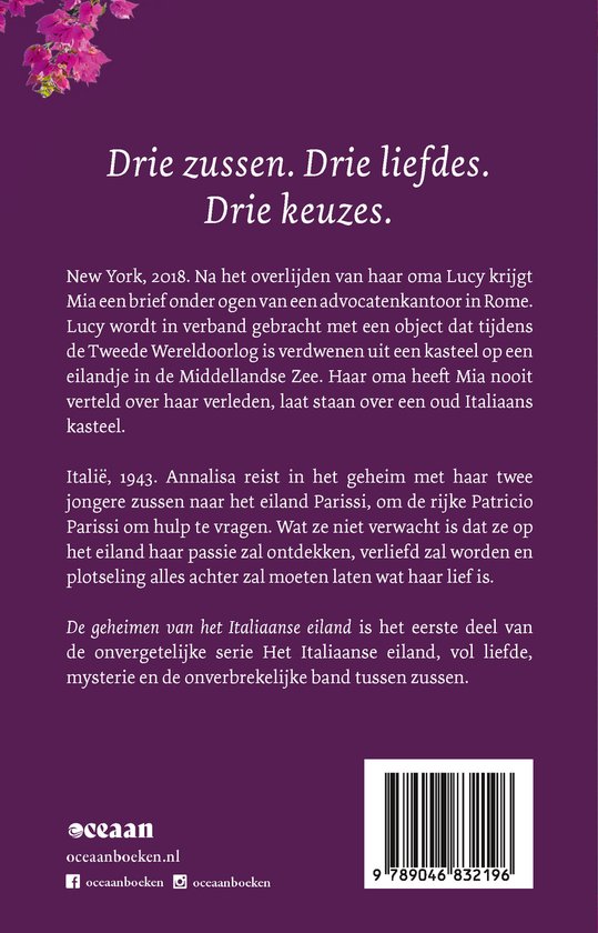 Boekcover met roze bloemen, titel "Drie zussen. Drie liefdes. Drie keuzes.", en tekst over een boek.