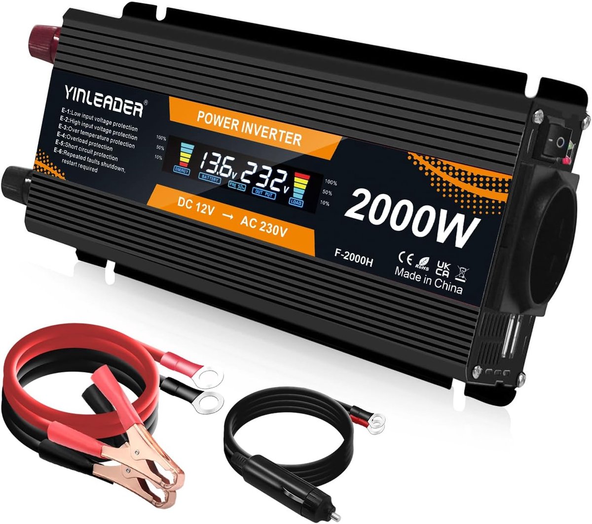 Spanningsomvormer 12V naar 220V 850W / 2000W met LCD-display en 2 USB-poorten