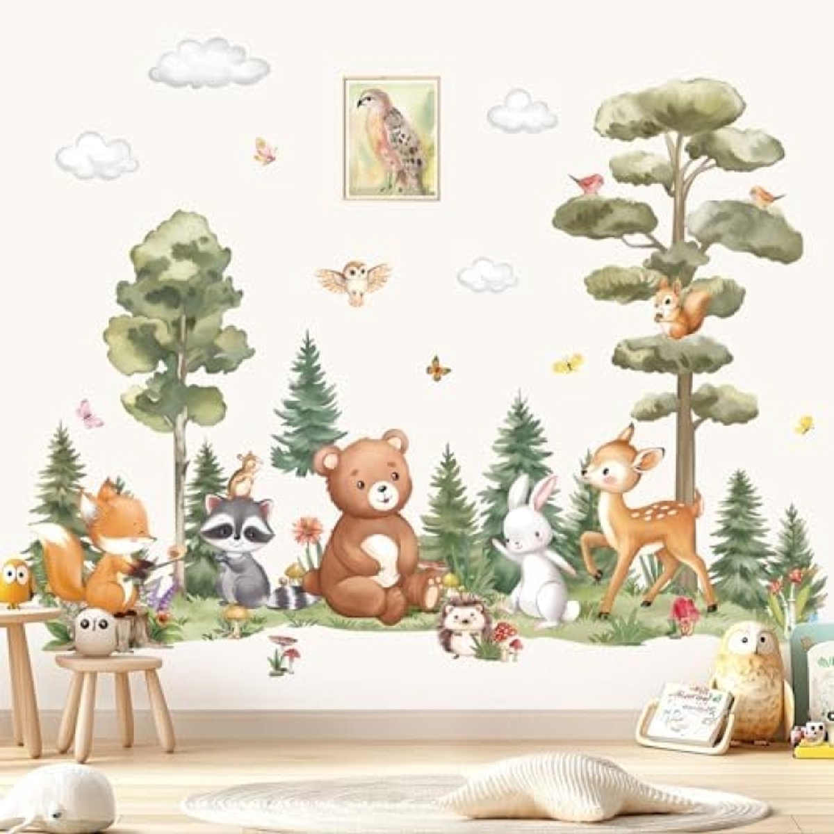 PromoHome XL Bosdieren Muursticker Set - Grote Denneboom met Beer, Hert en Vos - Verwijderbare Wanddecoratie voor Woonkamer, Slaapkamer en Kinderkamer - DIY Muur Sticker