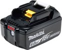Zwarte Makita 18V 6.0Ah lithium-ion accu met gele connector, witte ontgrendelingsknop en batterij indicator.