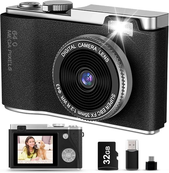 Appareil Photo Numérique HD 1080P 8X Zoom Avec Carte 64Go - Compact Rechargeable Pour Enfants Et Débutants (Noir)