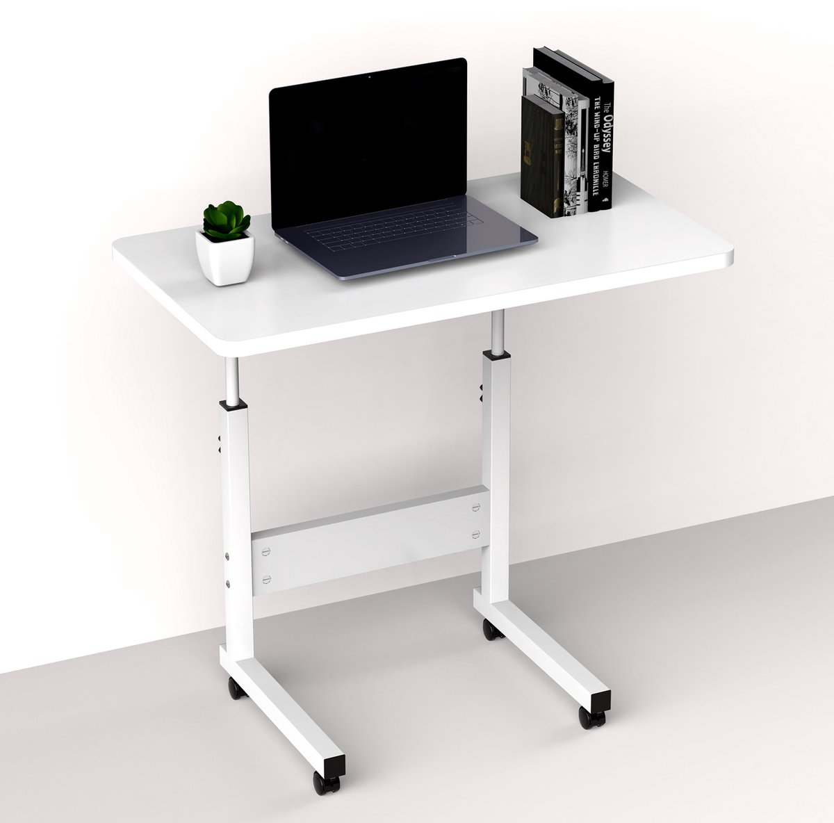 PIPIPOXER-Mobiele laptoptafel, statafel, computertafel, bijzettafel, roltafel, werktafel voor kantoor, bed, bank, 60 x 40 x 69-90 cm, in hoogte verstelbaar, wit