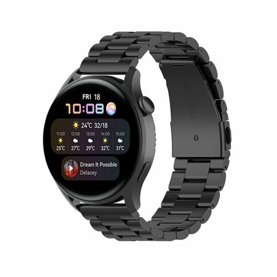 Zwarte smartwatch met een zwart stalen schakelband, het display toont de tijd en weersinformatie.