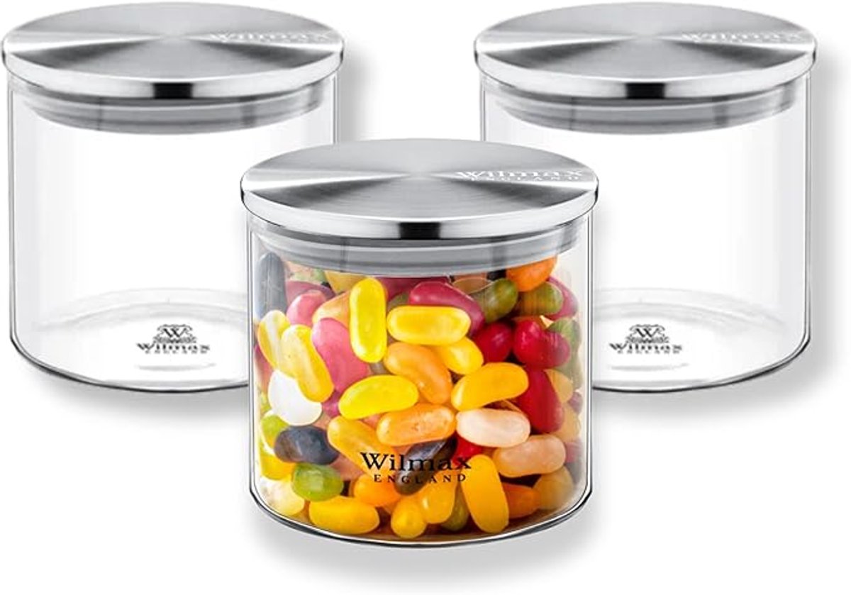 Wilmax - Voorraadpotten van Borosilicaatglas met Roestvrijstalen deksel - Glas - 600 ml - Set van 3