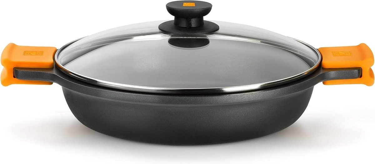 Efficiënte 28 cm lage pan met glazen deksel en siliconen handgrepen, inductiebestendig