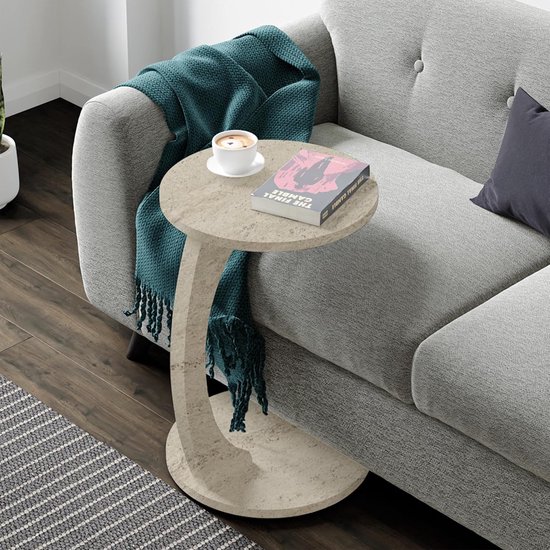 Verrijdbare C-vormige bijzettafel van travertijn - 56x38 cm